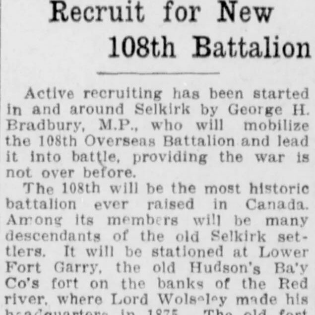 Bradbury Begins To Recruit for New 108th Battalion, 1915, Winnipeg Tribune Bradbury Begins to Recruit for New 108th Battalion