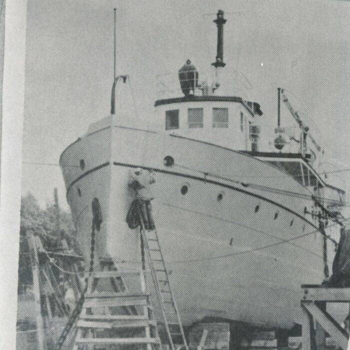 Bradbury Docked in Gimli, 1988, Peterson Brothers Black and white picture of the Bradbury docked in Gimli in 1988