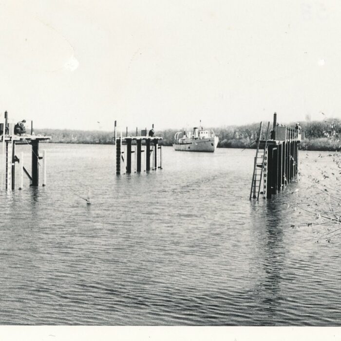 Bradbury Docking at Repair Dock, 1950s, Source Unknown Black and white picture of the Bradbury at a distance from land