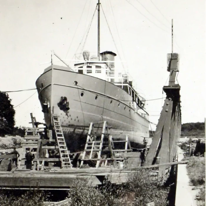 Bradbury in Dry Dock in Selkirk, c1930s, Archives of Manitoba George Harris Fonds Album 2 Page 52 Black and white view of the Bradbury dry-docked in Selkirk