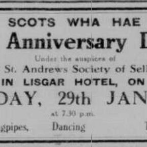 Burns Anniversary Dinner Ad, 1929, Selkirk Weekly Record Newspaper ad for the Burns anniversary dinner held at the Lisgar Hotel