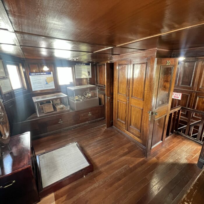 C. G. S. Bradbury Interior, 2026, Selkirk Museum Collection Colour photo of the interior of the Bradbury. This is the front of the ship and shows the steering wheel