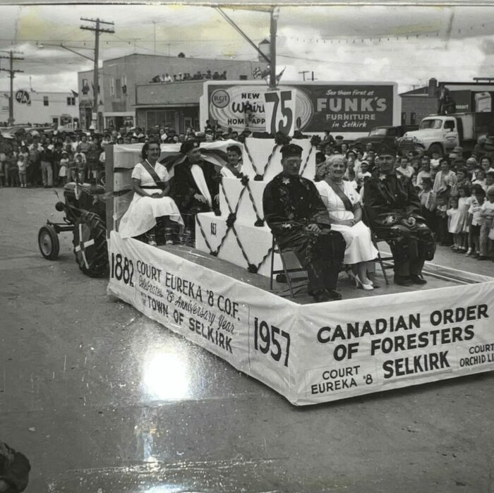 Canadian Order of Foresters, 1957, Selkirk Museum Collection Black and white photo of the Canadian Order of Foresters Selkirk parade float