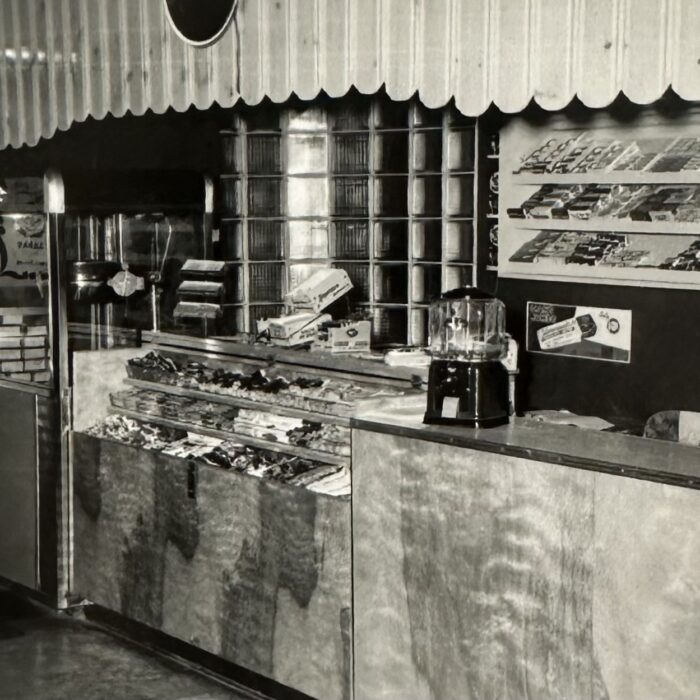 Black and white photo of the remodeled concession stand at the Garry Theatre