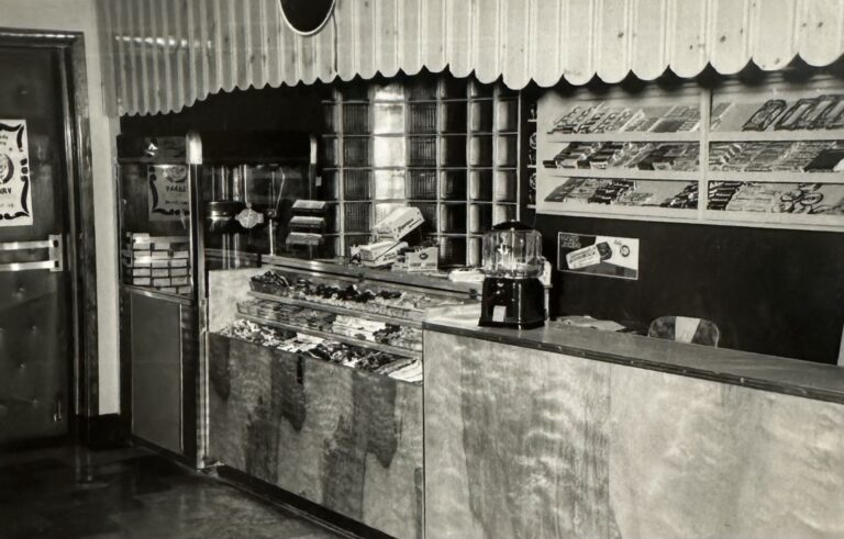 Black and white photo of the remodeled concession stand at the Garry theatre