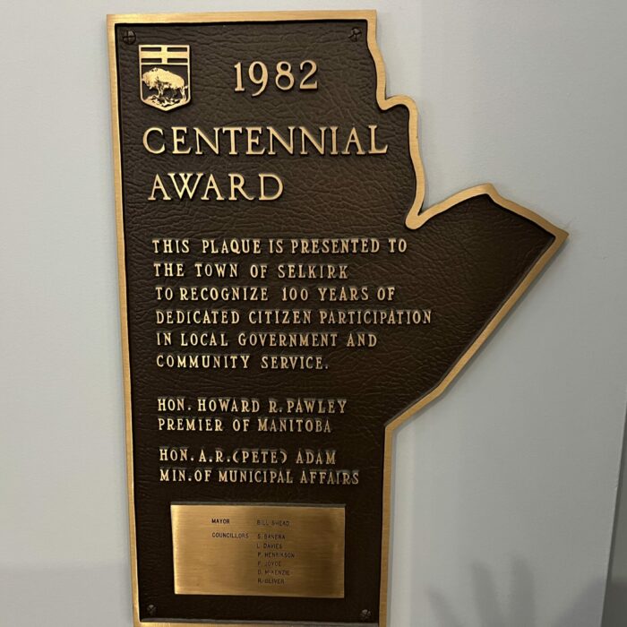 Centennial Award, 2026, Selkirk Museum Collection Colour photo of a plaque at Civic Office for the Centennial year