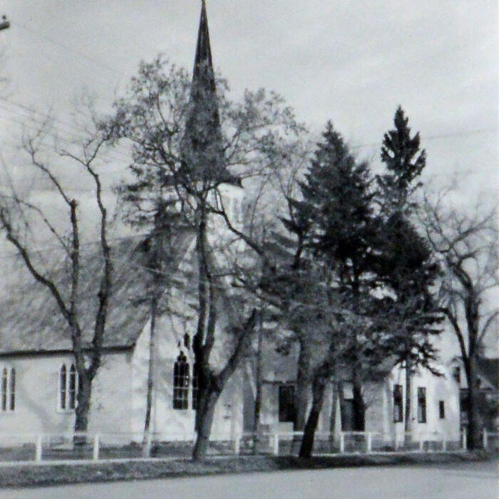 Black and white image of Christ Church behind several trees