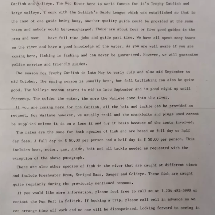 Image of a letter written by Chuck Norquay about his Fishing Guide Business