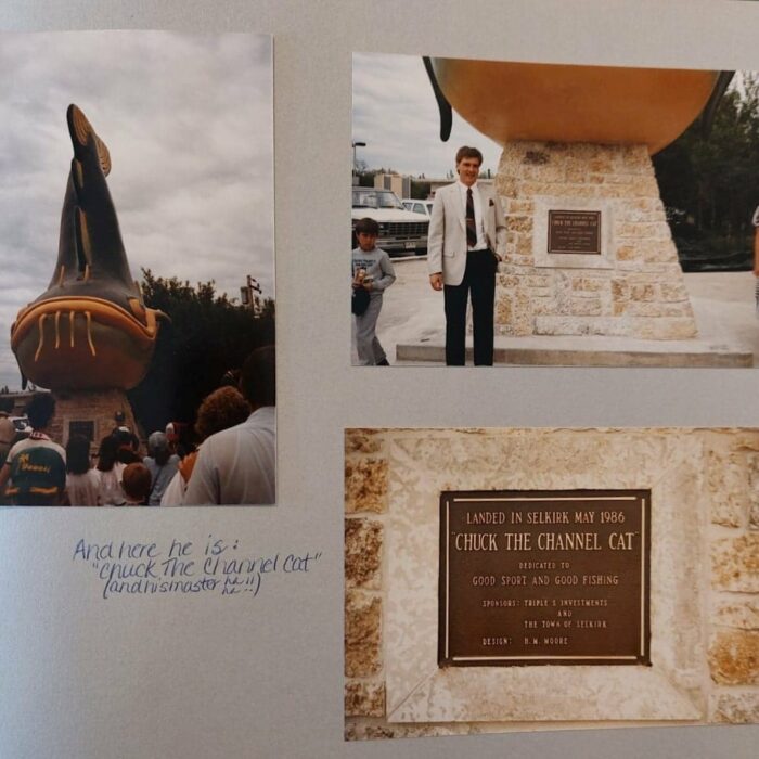 Collage of pictures from the unveiling of Chuck the channel catfish statue