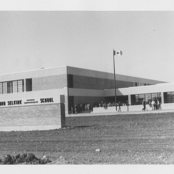 Black and white photo of the front of the high school