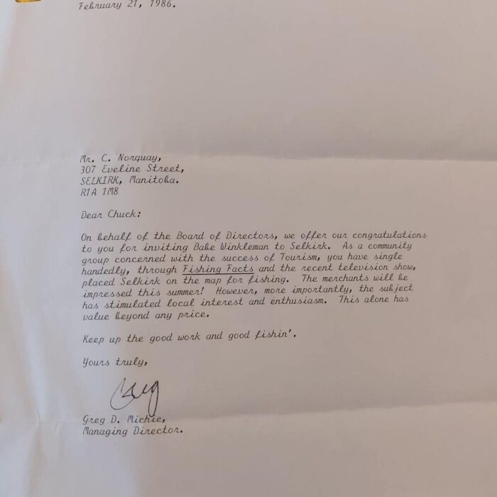 Written congratulatory letter for Chuck Norquay from Triple S Investments Corporation