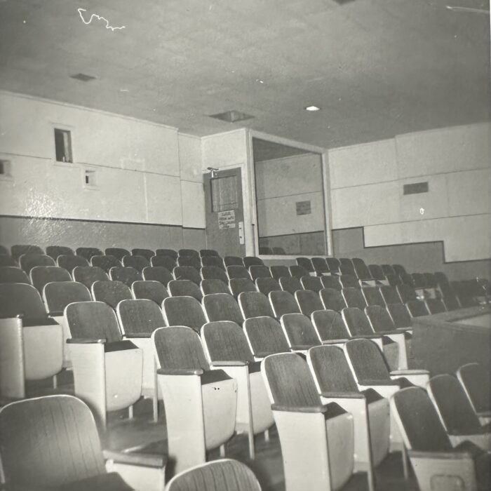 Black and white photo of the theatre seating in the Garry theatre