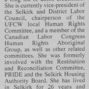 Darlene Swiderski Candidate Bio, October 9 1995, Selkirk Journal Candidate biography of Darlene Swiderski before the 1995 election