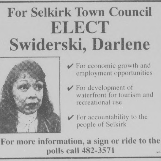 Darlene Swiderski Council Advertisement, October 16 1995, Selkirk Journal Council member campaign for Darlene Swiderski