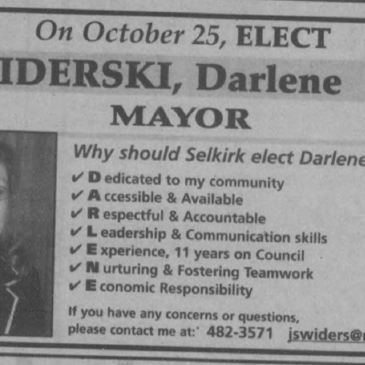 Darlene Swiderski Mayor Advertisement, October 13 2006, Selkirk Journal Mayoral election advertisement for Darlene Swiderski