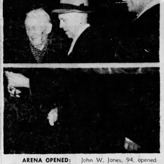 Arena Opened, 1949, Winnipeg Tribune Arena opening with John W. Jones, Selkirk's Veteran Sportman who owned and operated the Alexandra Rink