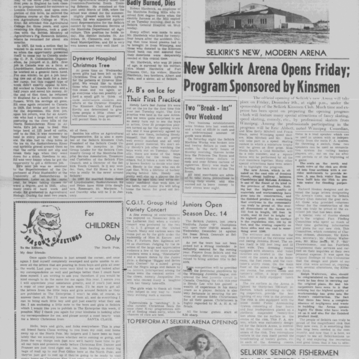 New Selkirk Arena Opens Friday Program Sponsored by Kinsmens, 1949, Selkirk Enterprise News paper article on the new arena opened up with programs sponsored by the Kinsmen group