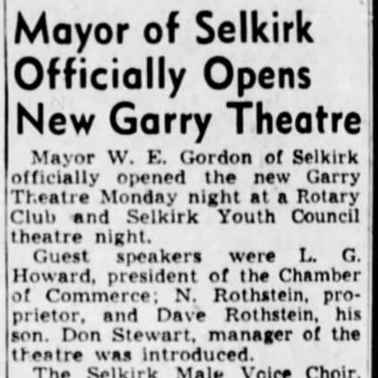 Newspaper article announcing the opening of the Garry theatre presented by the mayor of Selkirk