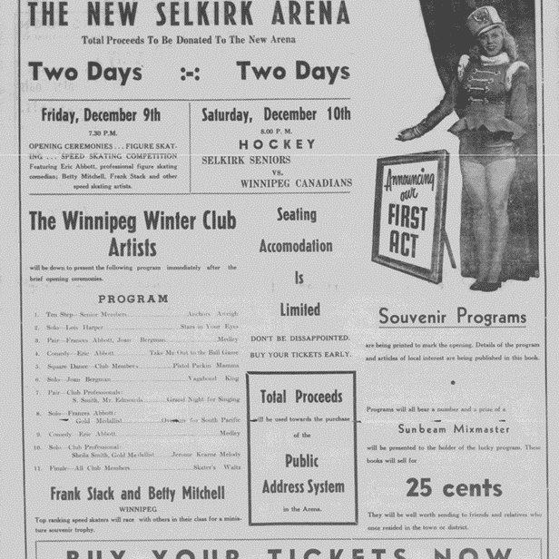 Grand Opening The New Selkirk Arena, 1949, Selkirk Enterprise Grand opening advertisement for Selkirk Arena