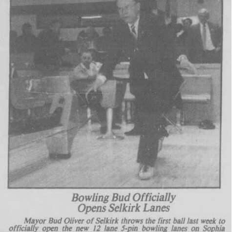 Bowling in Selkirk December 1, 1987 Selkirk Journal Photo of Bud Oliver throwing a ball to officially open the lanes on Sophia Street