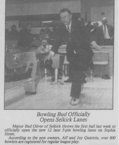 Newspaper article for bowling in Selkirk with Bud Oliver opening the lanes
