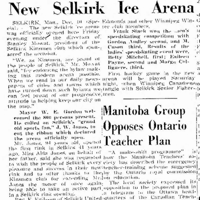 Oldtimer Officially Opens New Selkirk Ice Arena, 1949, Winnipeg Free Press Newspaper article about the opening of the new Selkirk Arena