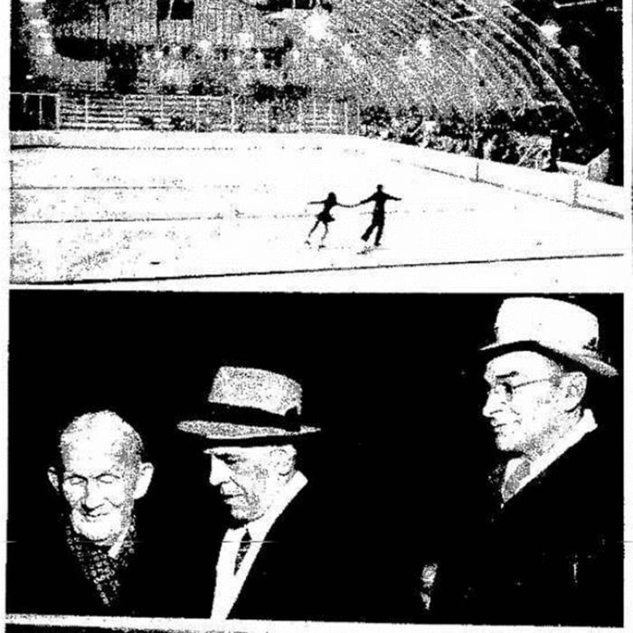Selkirk Arena Opening Photos, 1949, Winnipeg Free Press Photos of the grand opening of the Selkirk Arena. The first shows a couple skating on the ice. The second photo show the ribbon cutting.