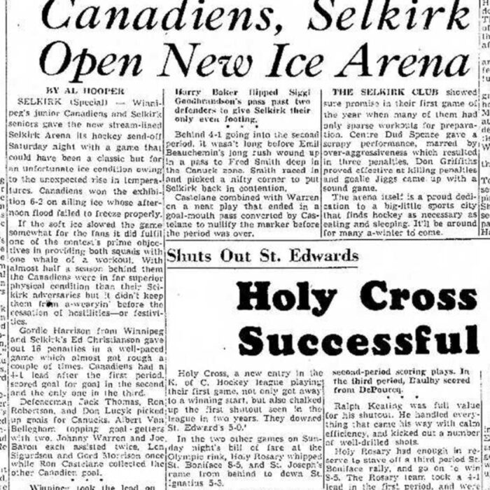 Canadiens Selkirk Opens New Ice Arena, 1949, Winnipeg Free Press Article on Selkirk's new arena and how Winnipeg's junior Canadiens and Selkirk's seniors played a game.