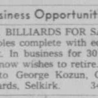 Billiards for Sale, 1960, Selkirk Enterprise Ad for 6 billiards tables with equipment for sale because George Kozun wishes to retire.