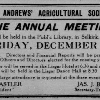 St. Andrews' Agriculture Society Annual Meeting, 1927, Selkirk Enterprise Annual meeting for St. Andrews Agricultural Society held in the Selkirk public library