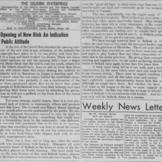 Is Opening of New Rink An Indication of Public Attitude, 1949, Selkirk Enterprise Article on opening new Selkirk Arena and if it will be a success