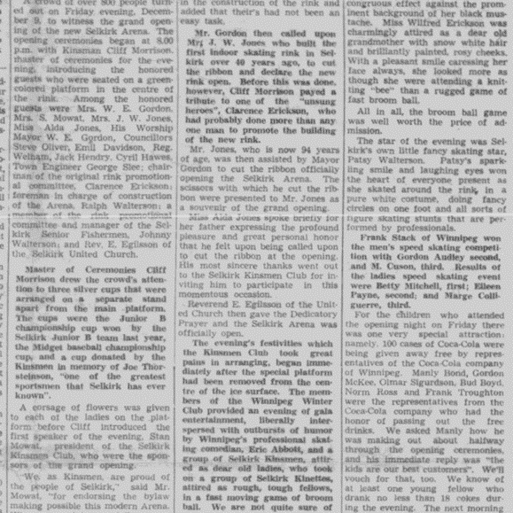 Selkirk New Arena Is Now Open Kinsmen Sponsored Ceremony, 1949, Selkirk Enterprise Newspaper article about the opening of the new Selkirk Arena