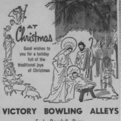 Victory Bowling Alley Merry Christmas Ad, 1959, Selkirk Enterprise Christmas wishes ad from Victory Lanes