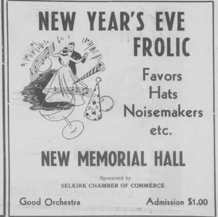 Advertisement for a New Years Eve dance at Memorial Hall.