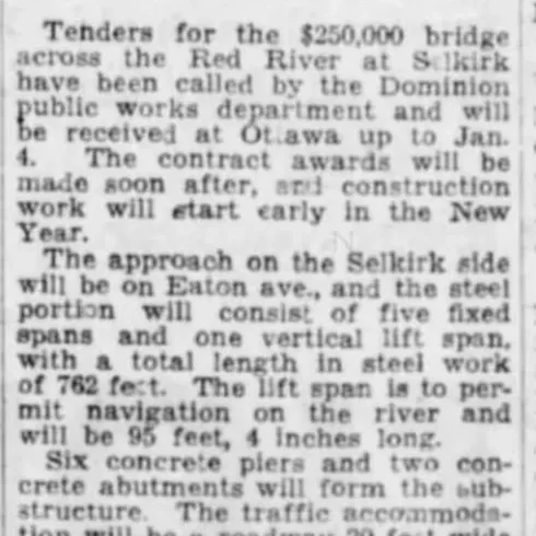 Tenders Asked for Building Selkirk Bridge, 1934, Winnipeg Tribune Newspaper article titled tenders asked for building Selkirk bridge