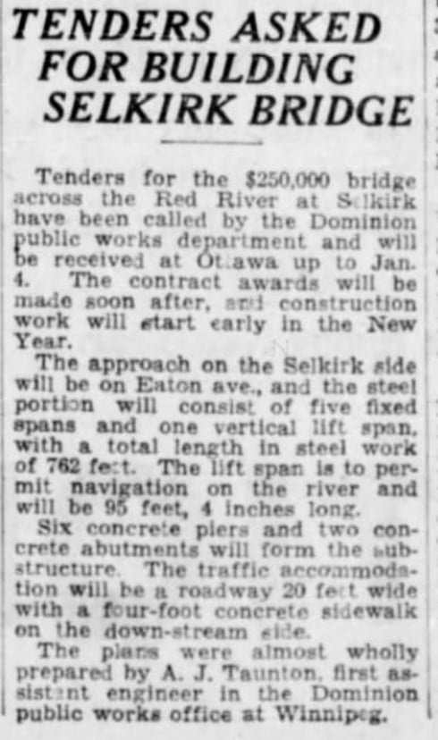Newspaper article about tenders regarding the Selkirk Lift Bridge