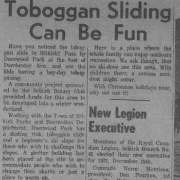 Newspaper article on tobogganing at Little Lake Park.