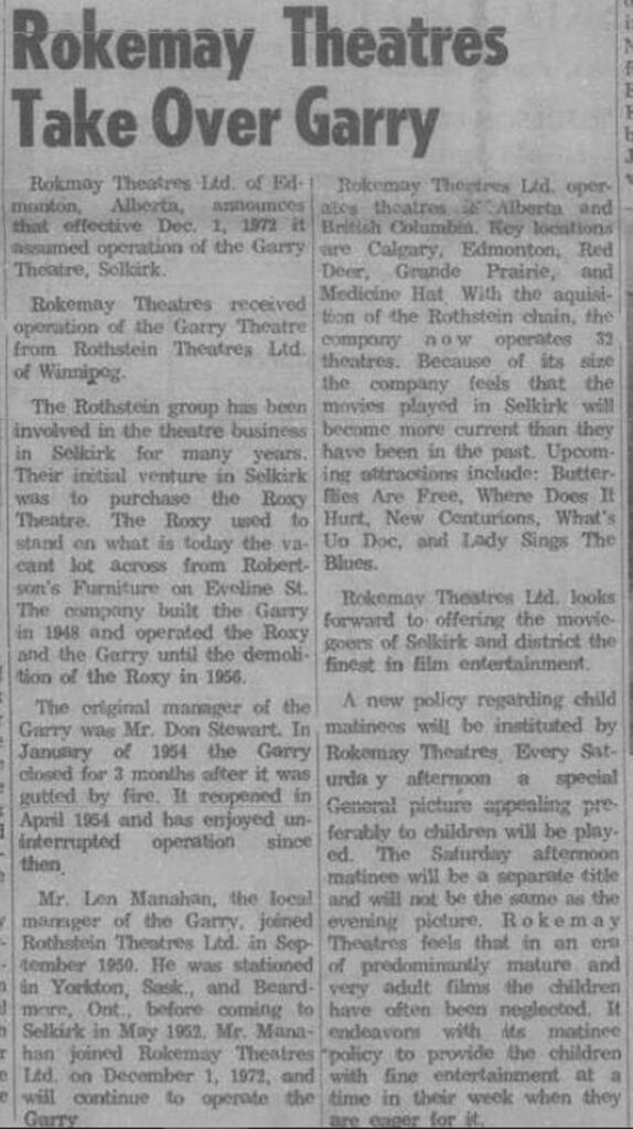 Newspaper article titled "Rokemay Theatres Take Over Garry"
