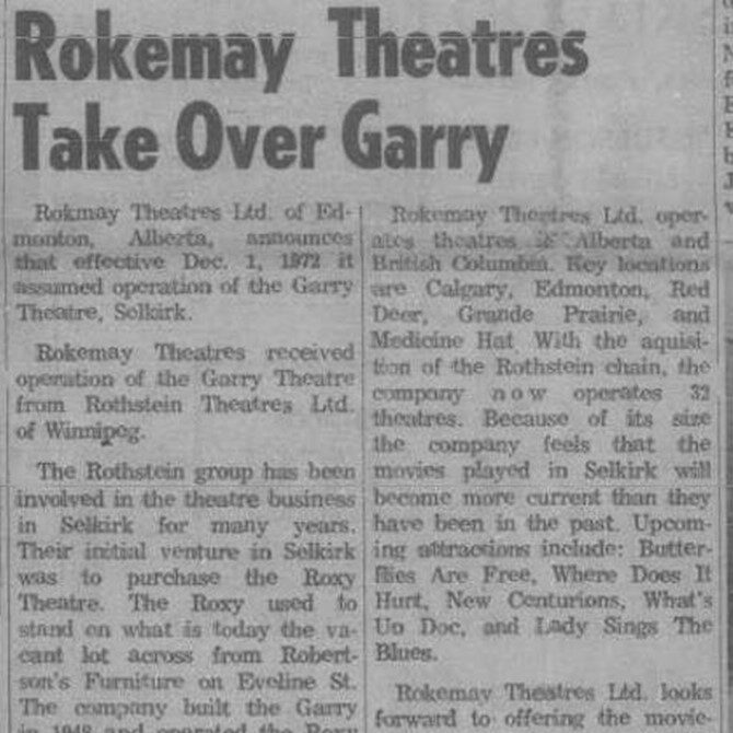 Newspaper article titled "Rokemay Theatres Take Over Garry"