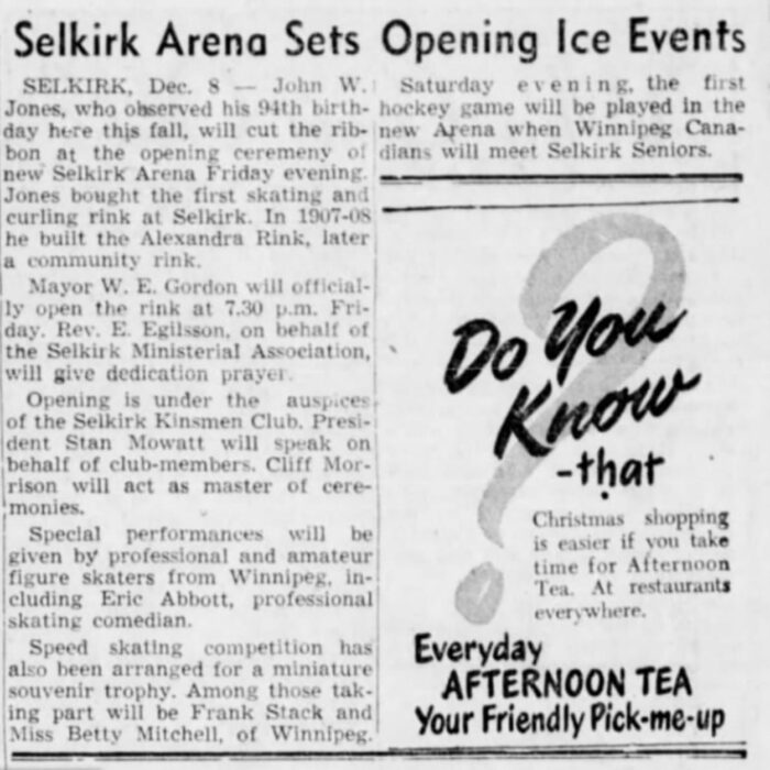 Selkirk Arena Sets Opening Ice Events, 1949, Winnipeg Tribune Article on the opening ice events at Selkirk Arena