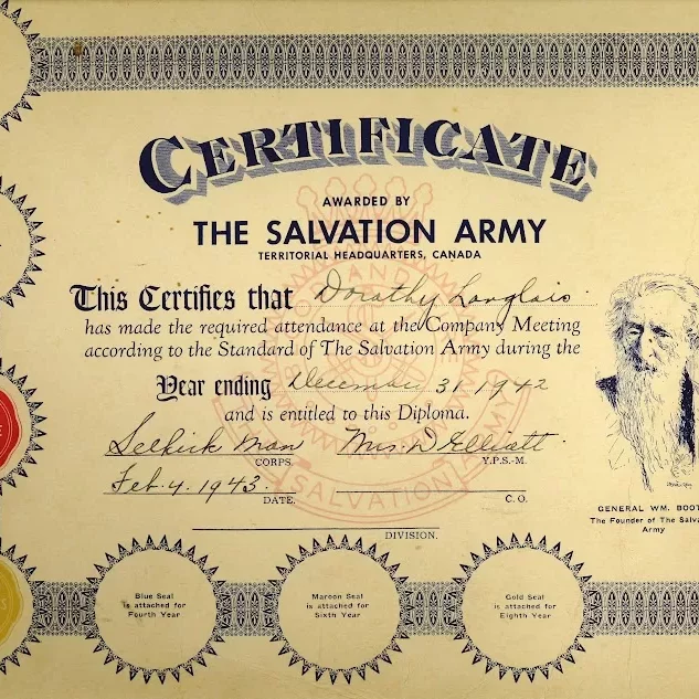 Dorothy Langlois Salvation Army Certificate, 1943, Jock Langlois Signed certificate dedicated to Dorothy Langois from the Salvation army