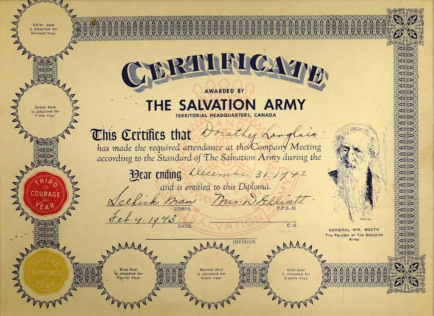 Dorothy Langlois Salvation Army Certificate, 1943, Jock Langlois