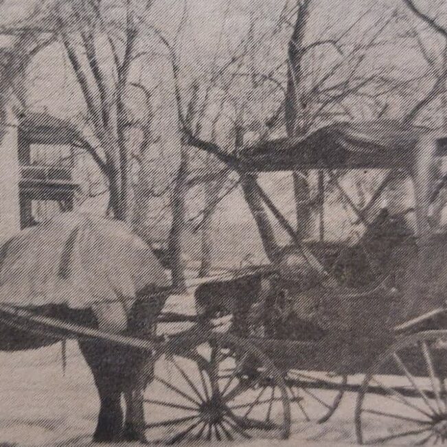 Dr. W.S. Reid Outside First General Hospital, 1947, Selkirk Enterprise Centennial Black and white photo of a horse and buggy parked outside the hospital building