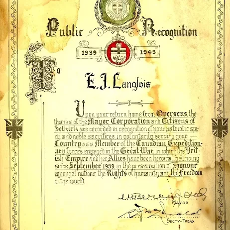 E.J. Langlois Public Recognition Certificate, 1939-1945, Jock Langlois Recognition certificate dedicated to Jock Langois