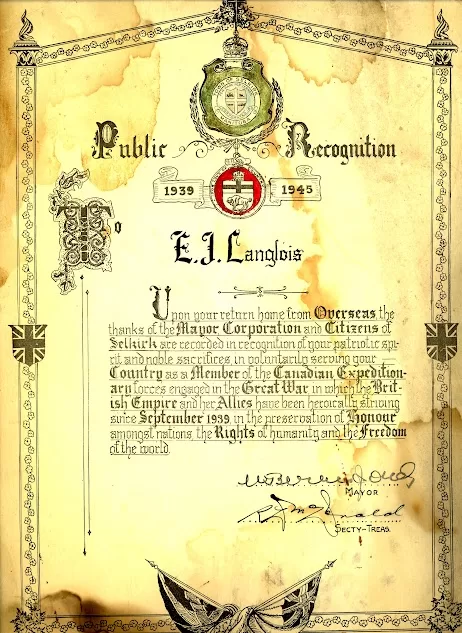 E.J. Langlois Public Recognition Certificate, 1939-1945, Jock Langlois