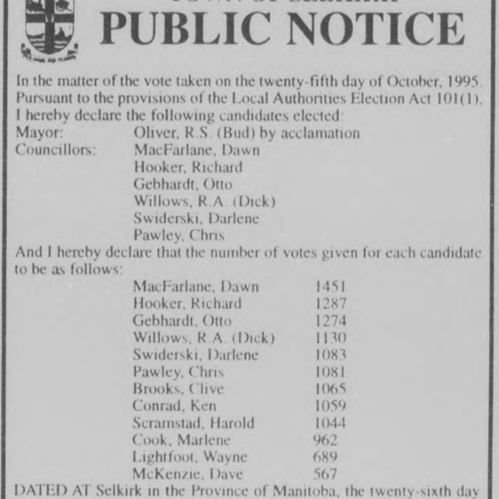 Election Results, October 30 1995, Selkirk Journal Public notice posted by the City of Selkirk announcing the election results of the 1995 election