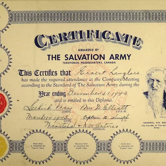 Ernest Langlois Salvation Army Certificate, 1942, Jock Langlois Signed certificate dedicated to Ernest Langois from Salvation army