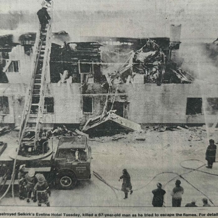 Eveline Hotel Fire Remenants, 1970, Garry Cairns Fire trucks at the burnt Eveline Hotel. A fire truck is in the foreground and the burnt building is in the Background