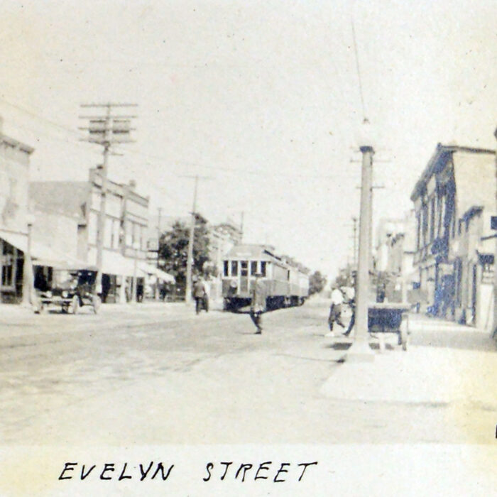 Sepia-coloured photo of a street view of Eveline Street