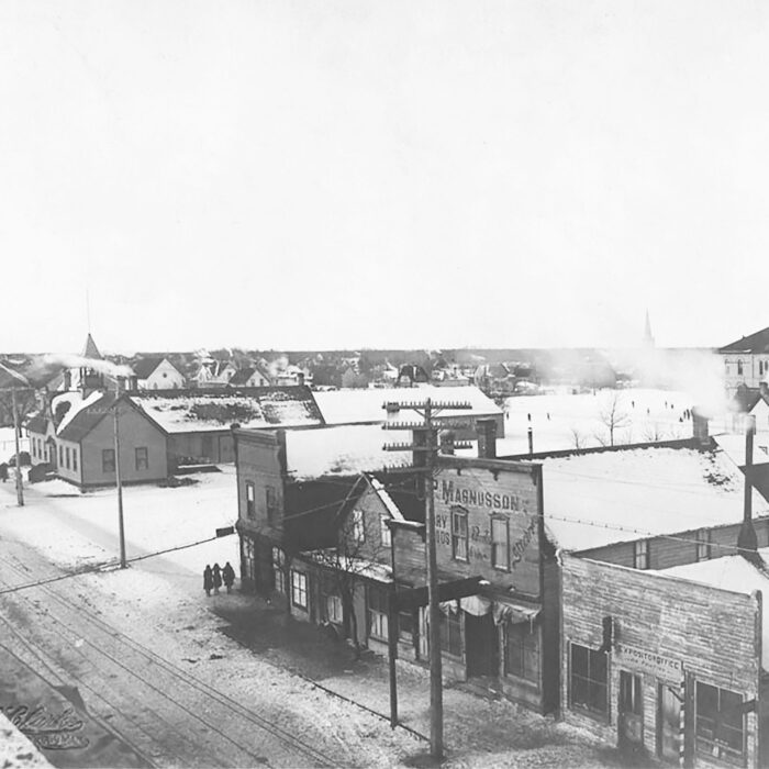 Black and white photo of Eveline Street from on top of a building
